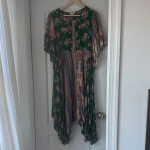 Umgee Asymmetrical Green Floral Dress with Multicolor Stripes